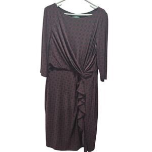 Lauren Ralph Lauren Ruched Ruffle Faux Wrap Dress 16 Black Red Career